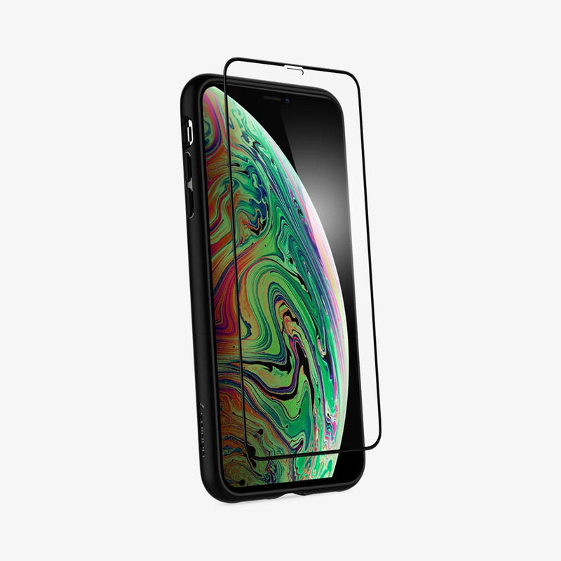 065CS25132 - iPhone XS Max Case Ultra Hybrid 360 in black showing the front with screen protector hovering in front