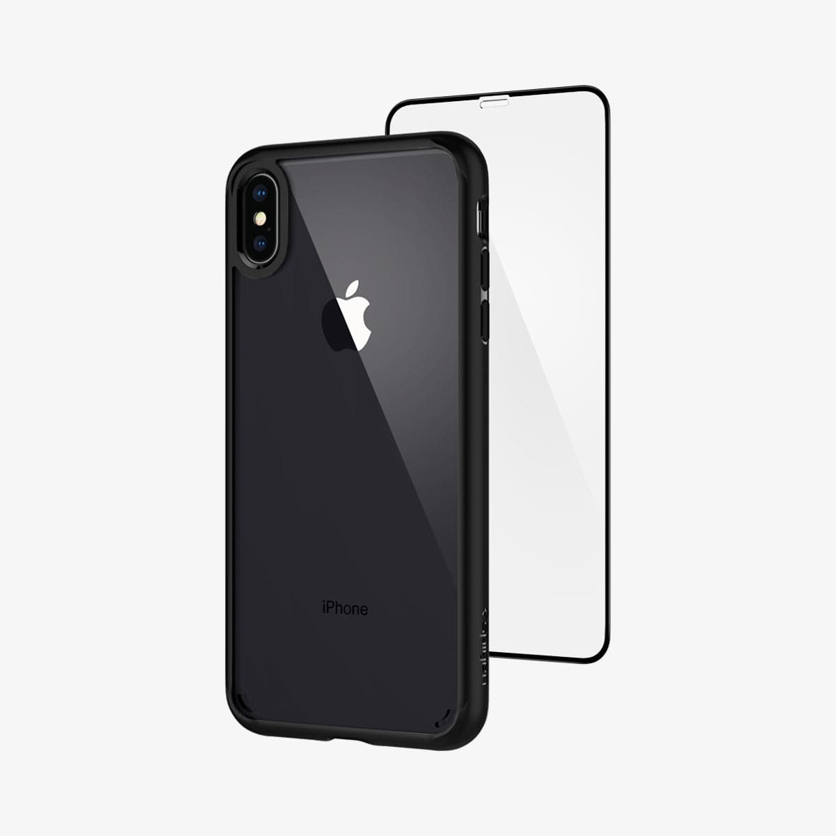 065CS25132 - iPhone XS Max Case Ultra Hybrid 360 in black showing the back with device hovering behind screen protector