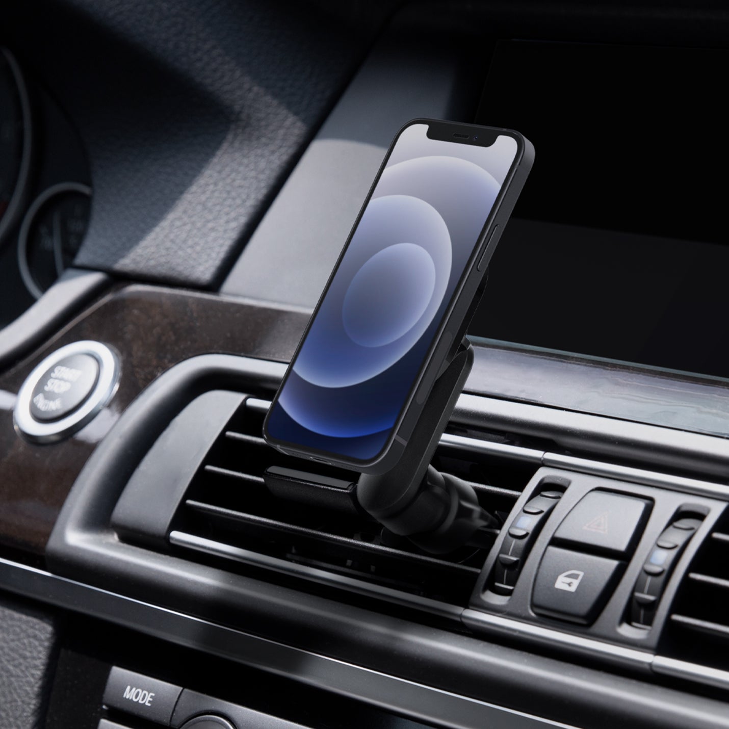 ACP02617 - OneTap Magnetic Car Mount Air Vent (MagFit) in black showing the air vent installed in car with device attached