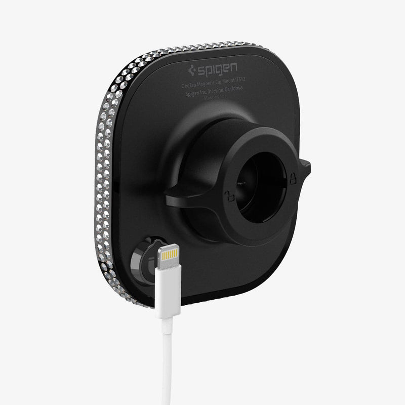 ACP03808 - OneTap Bling Car Mount Air Vent (MagFit) in black showing the back with charging cable next to port