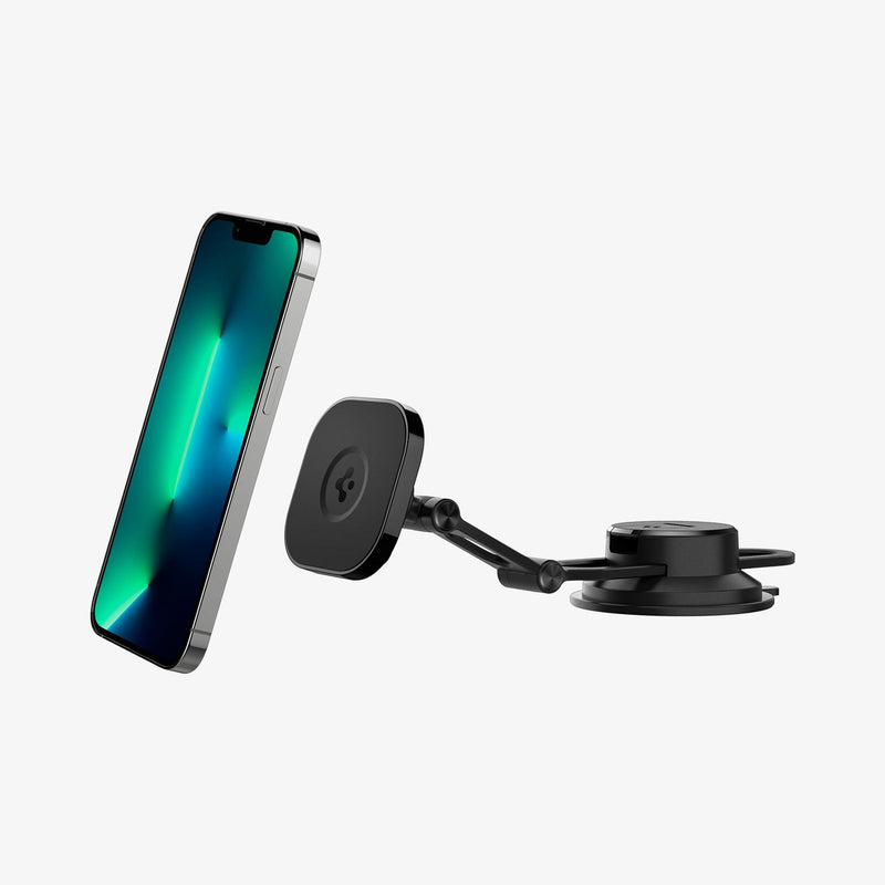 ACP04630 - OneTap 3 Black Dash/Wind Magnetic Car Mount (MagFit) in black showing the device hovering in front of mount and side of mount view