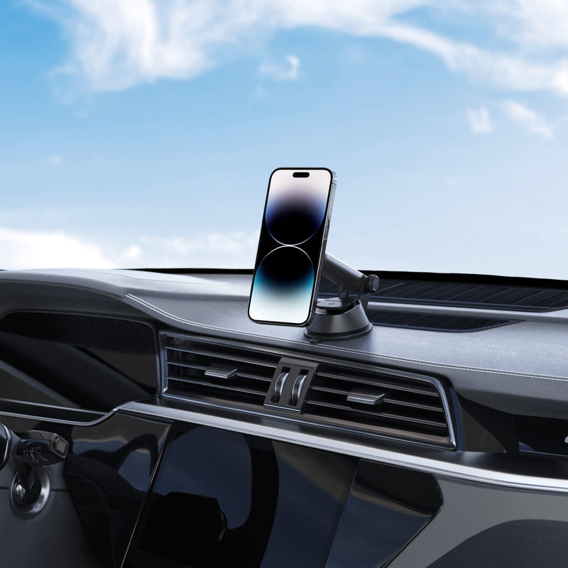 ACP02618 - OneTap Magnetic Car Mount Dashboard (MagFit) in black showing the mount on a dashboard inside of car with phone attached