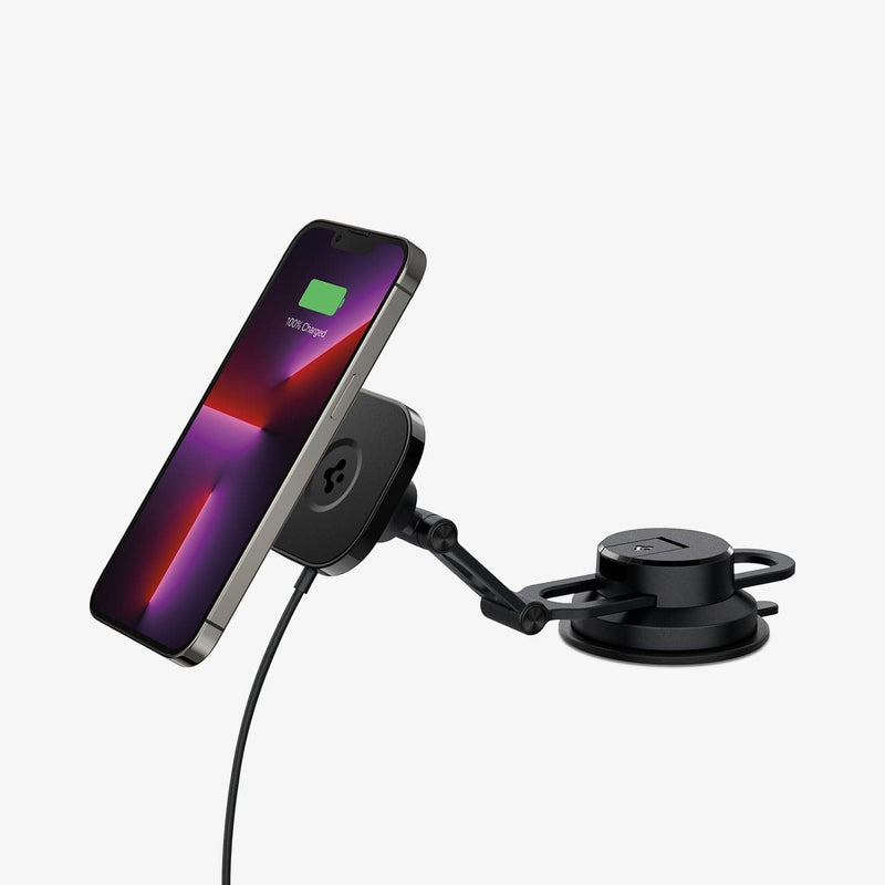 ACP04629 - OneTap Pro 3 Black Dash Magnetic Car Mount (MagFit) in black showing the front and side with device hovering in front of mount
