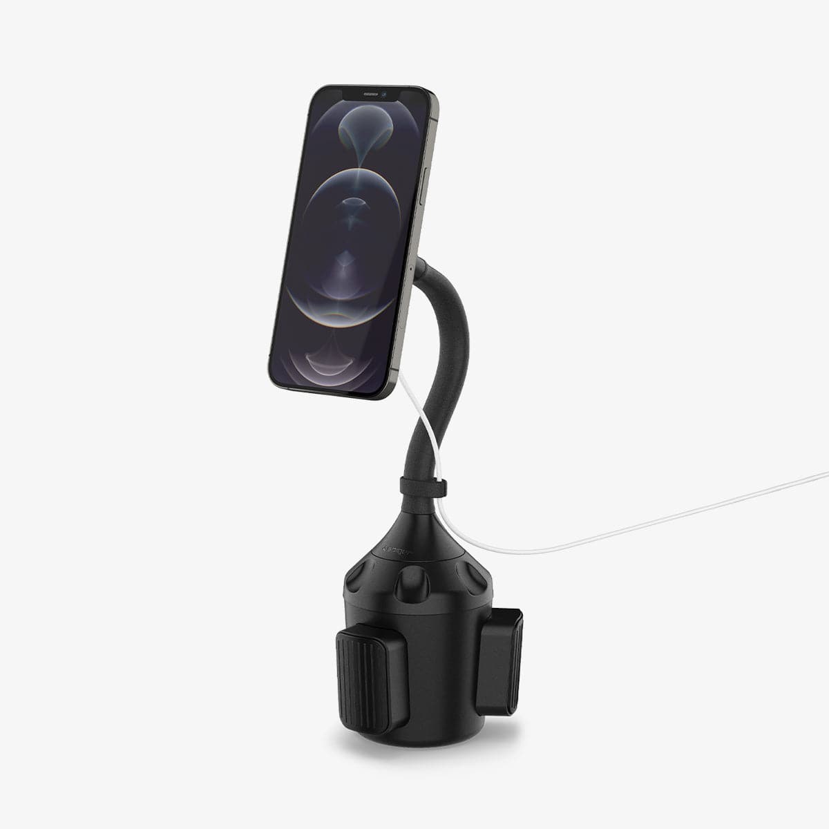 ACP03809 - OneTap Car Mount Cup Holder (MagFit) in black showing the front and side with device connected