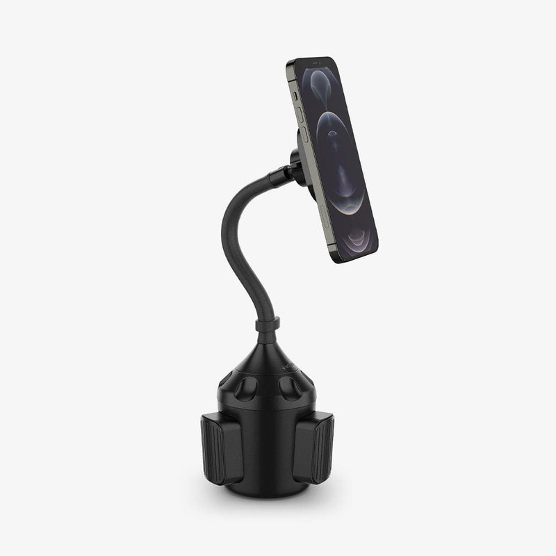 ACP03809 - OneTap Car Mount Cup Holder (MagFit) in black showing the side and partial front with device connected