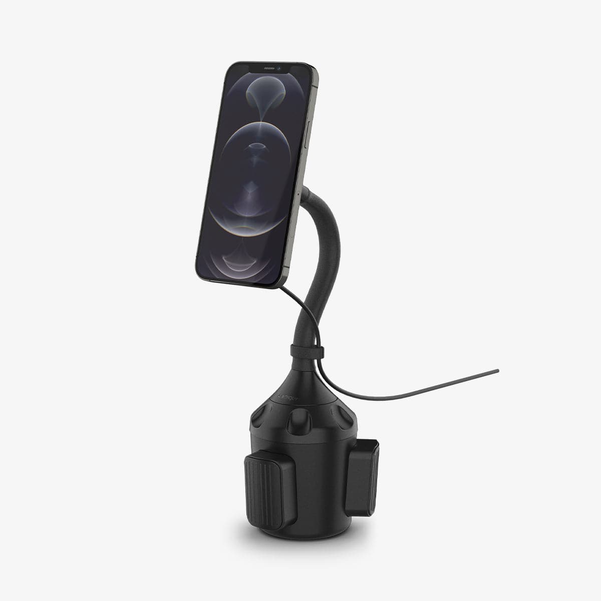 ACP03810 - OneTap Pro Wireless Car Mount Cup Holder (MagFit) in black showing the front and side with device connected