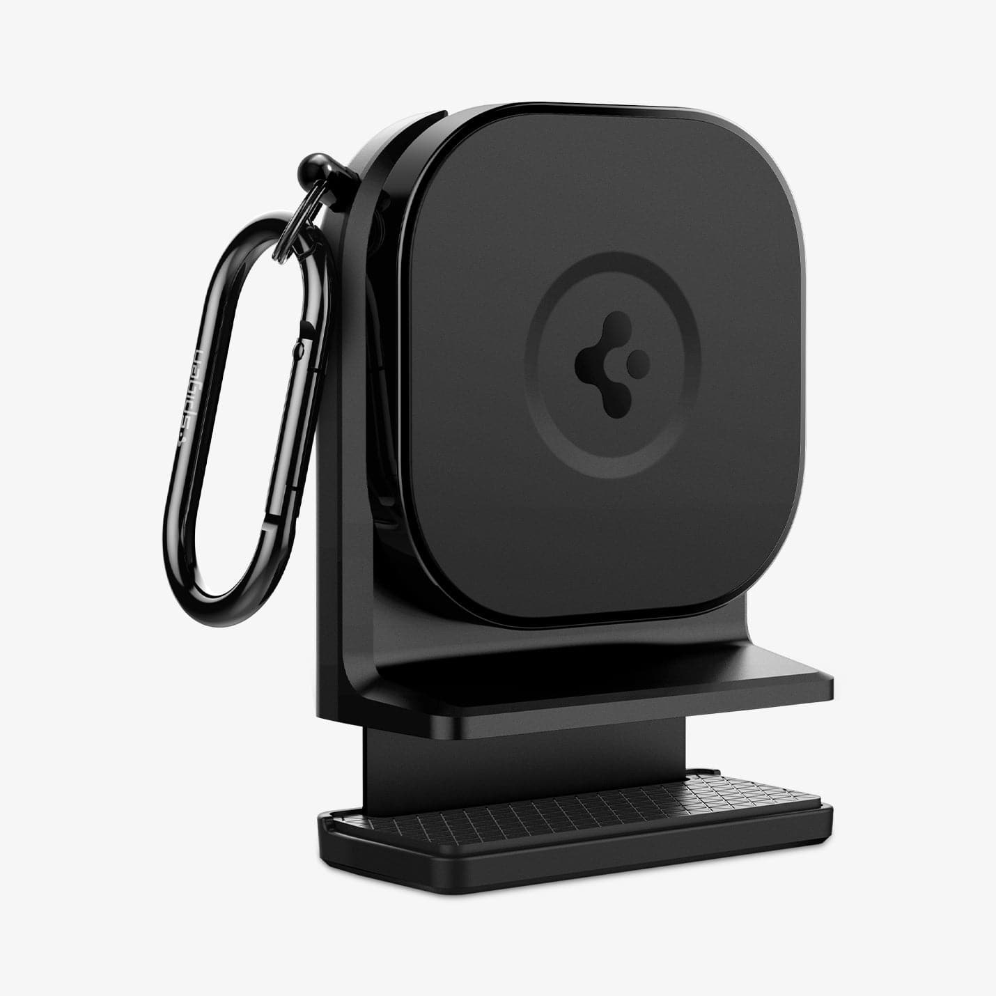 AMP05756 - In-flight Phone Mount (MagFit) in black showing the front, partial side, carabiner and mount open