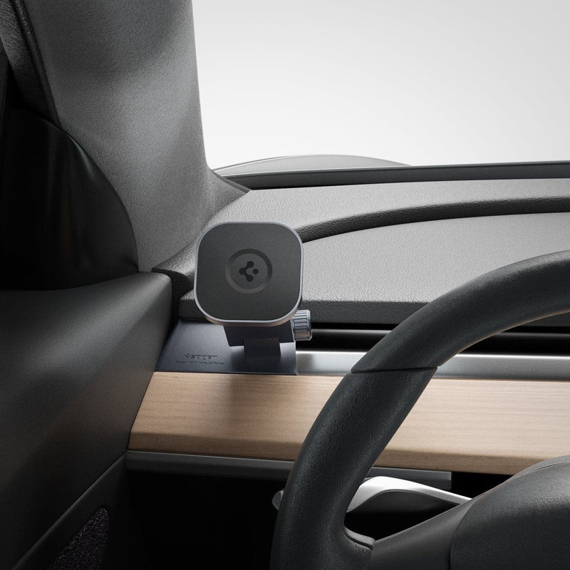 ACP04466 - Tesla OneTap Dashboard Car Mount (MagFit) in black showing the mount inserted on driver's side inside of vehicle