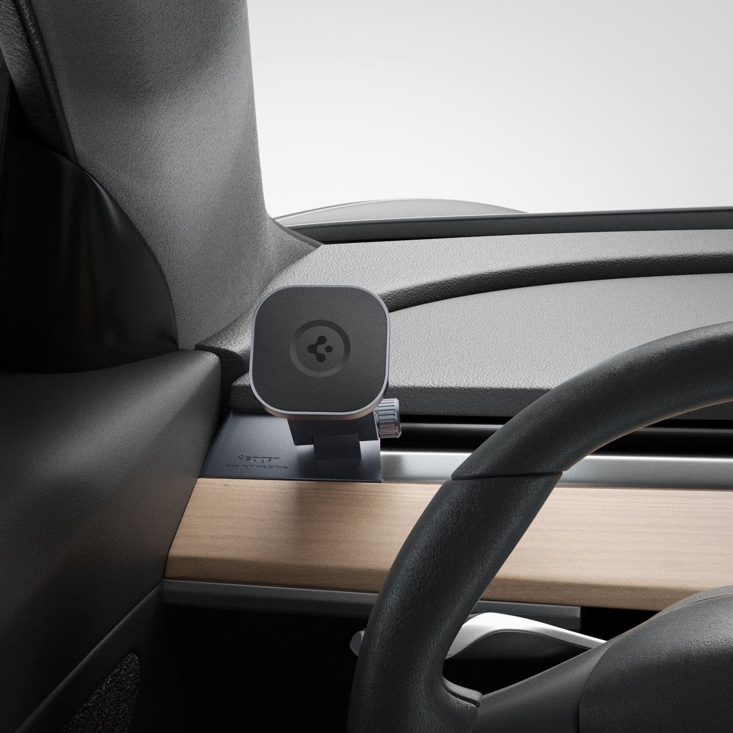 ACP03806 - Tesla (2020) OneTap Dashboard Car Mount (MagFit) in black showing the mount inserted on driver's side inside of vehicle