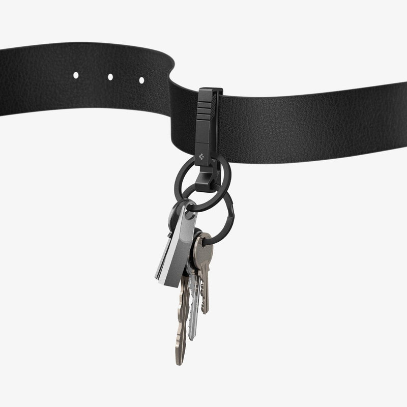 AHP05318 - Key Holder Clip Metal Fit in black showing the clip with keys attached to a belt
