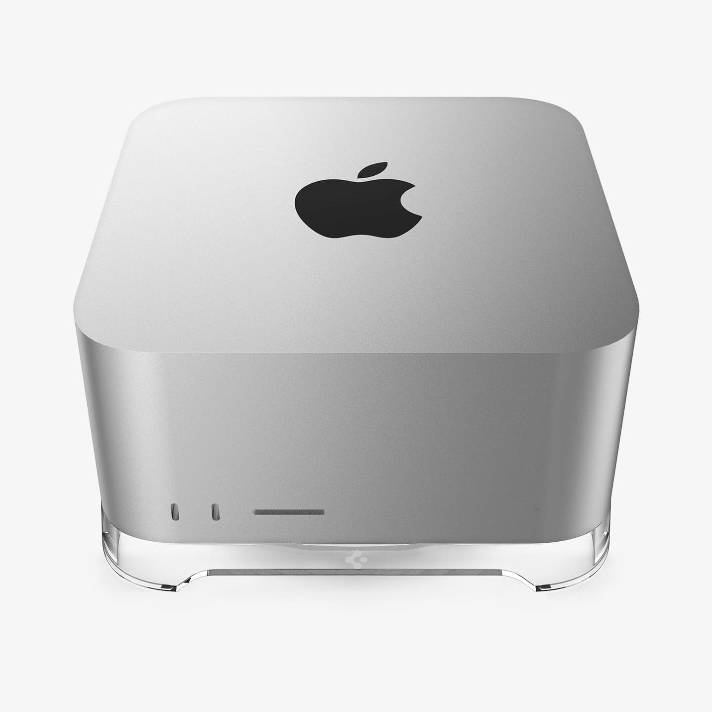 AMP04796 - Apple Mac Studio Stand in crystal clear showing the front and top with mac studio on stand