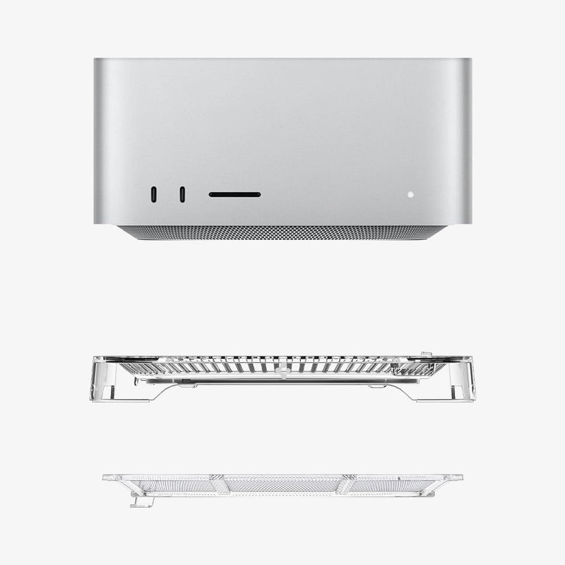 AMP04796 - Apple Mac Studio Stand in crystal clear showing the mac studio hovering above the multiple parts of stand