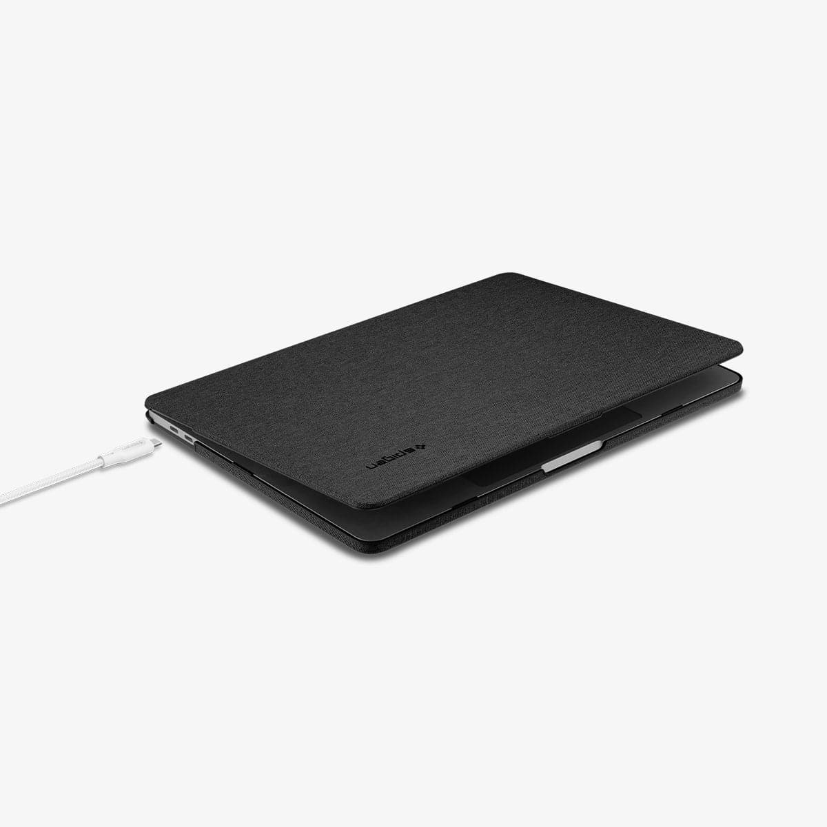 070CS25965 - MacBook Pro 13-inch Case Thin Fit in Black showing the top and side with laptop slightly open and charging cable next to slot