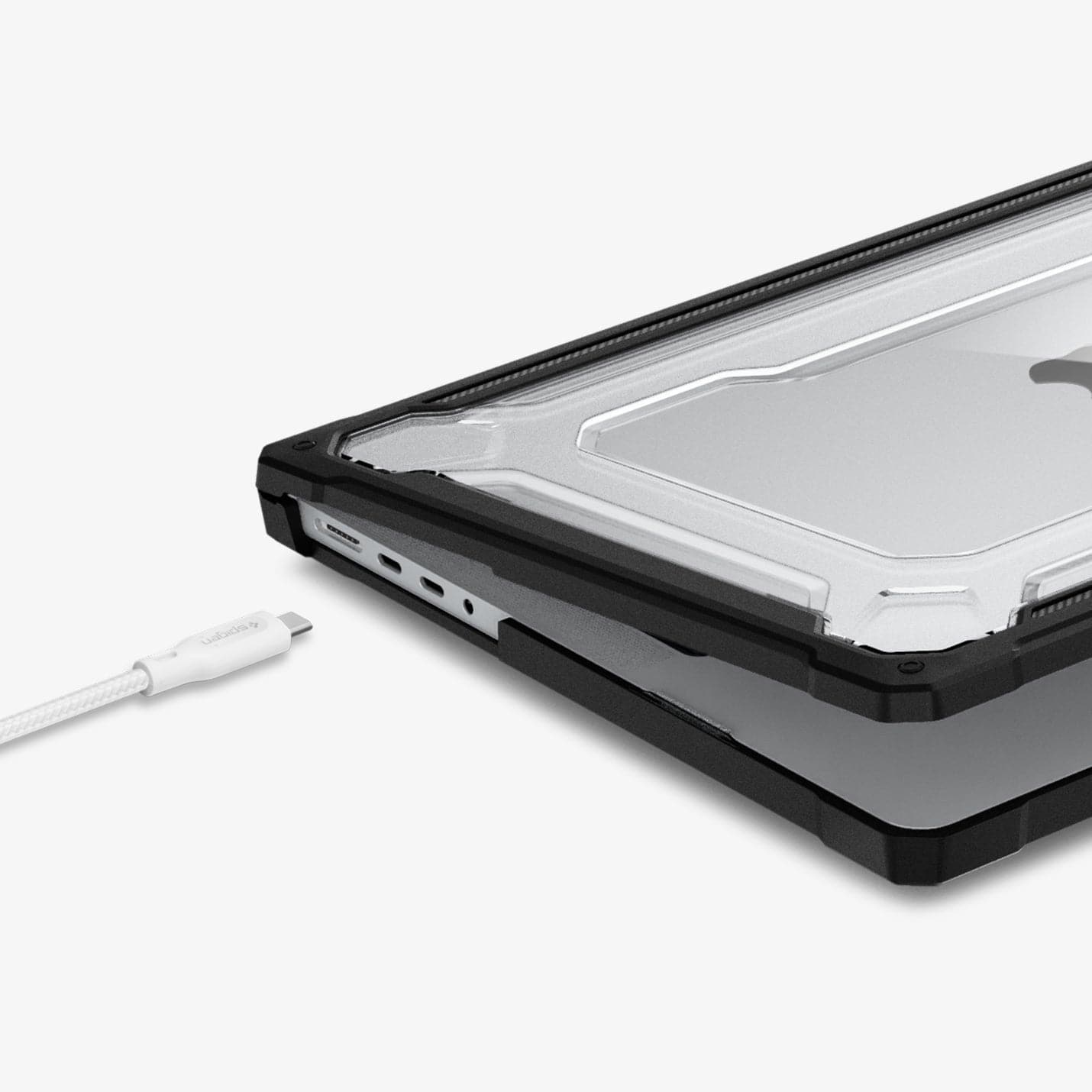 ACS04409 - MacBook Pro 14" Case Rugged Armor in matte black showing the front and side with laptop slightly open and charging cable next to slot