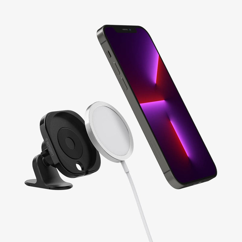 ACP03792 - MagFit Adhesive Car Mount (MagFit) in black showing the car mount, magsafe charger and device