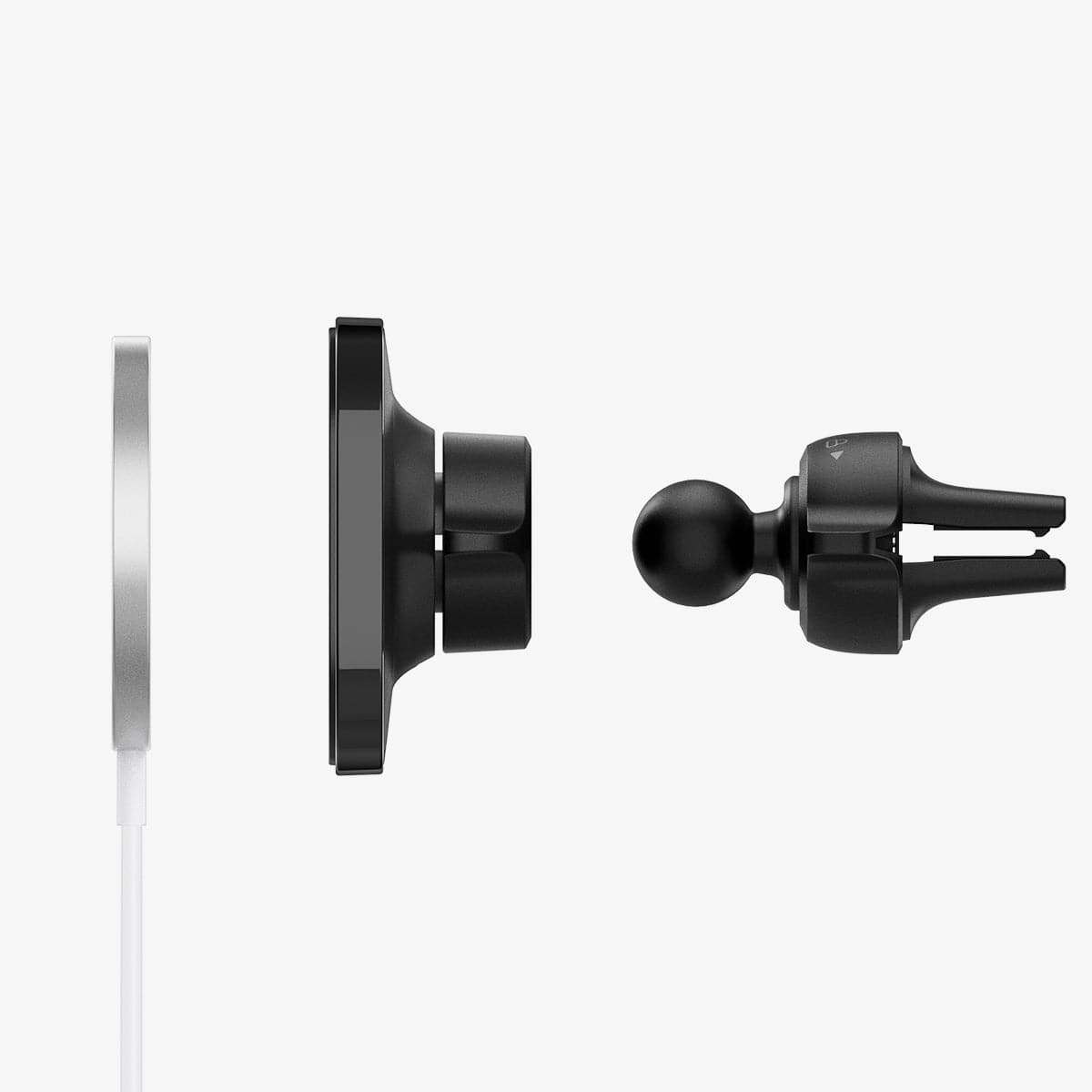 ACP02791 - MagFit Car Mount (MagFit) in black showing the side with multiple parts of mount hovering behind magsafe charger