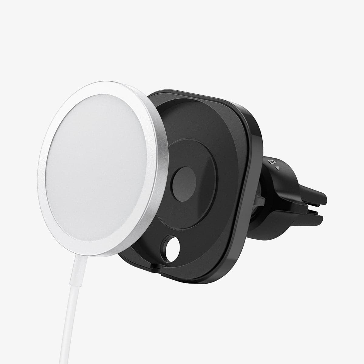 ACP02791 - MagFit Car Mount (MagFit) in black showing the front and side with magsafe charger hovering in front of mount