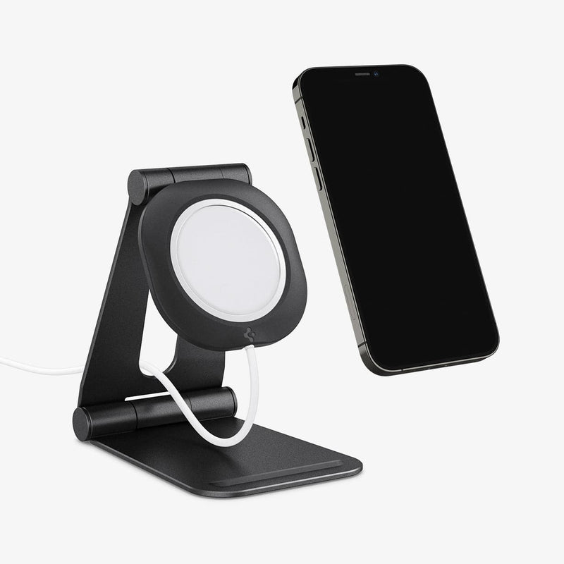 AMP02672 - MagFit Charger Stand (MagFit) in black showing the front and side with magsafe charger inserted and device hovering in front