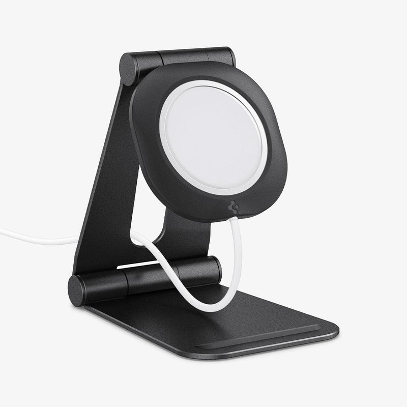 AMP02672 - MagFit Charger Stand (MagFit) in black showing the front and side with magsafe charger inserted