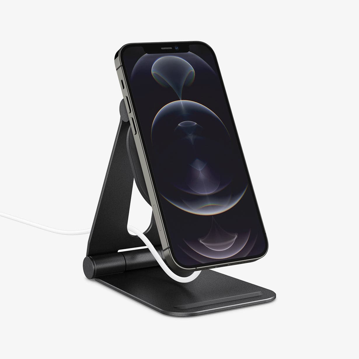 AMP02672 - MagFit Charger Stand (MagFit) in black showing the front and side with device connected to stand