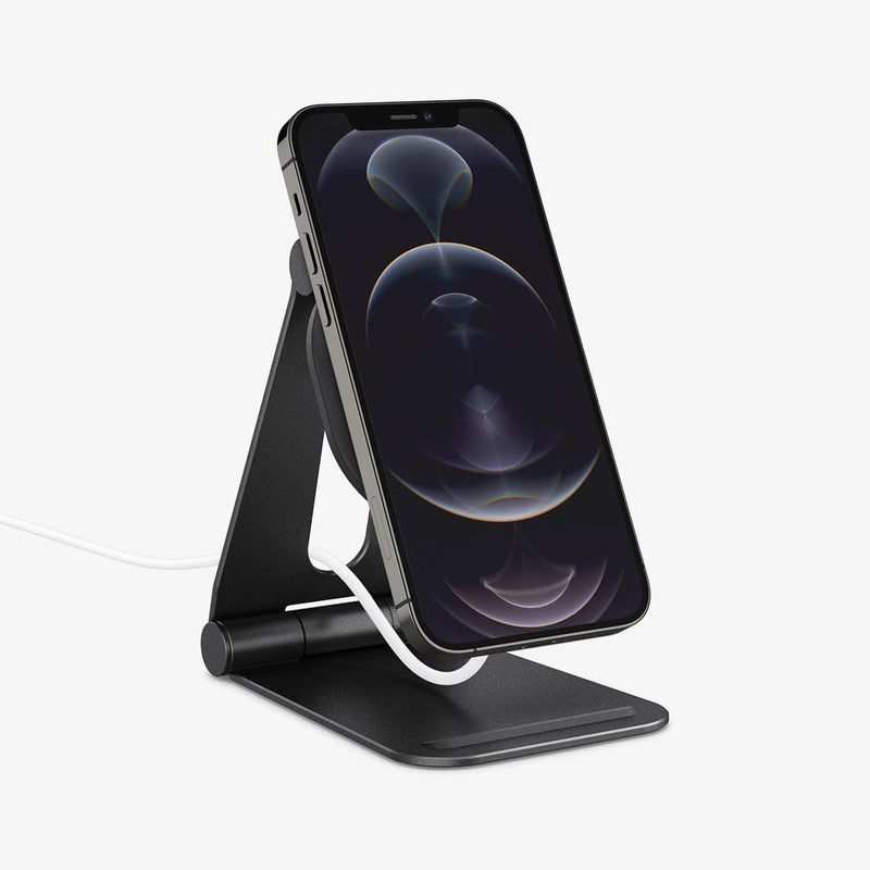 AMP02672 - MagFit Charger Stand (MagFit) in black showing the front and side with device connected to stand