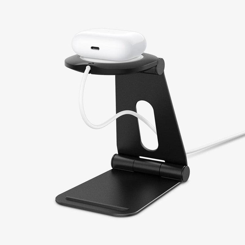 AMP02672 - MagFit Charger Stand (MagFit) in black showing the front and side with stand facing upwards and charging airpods