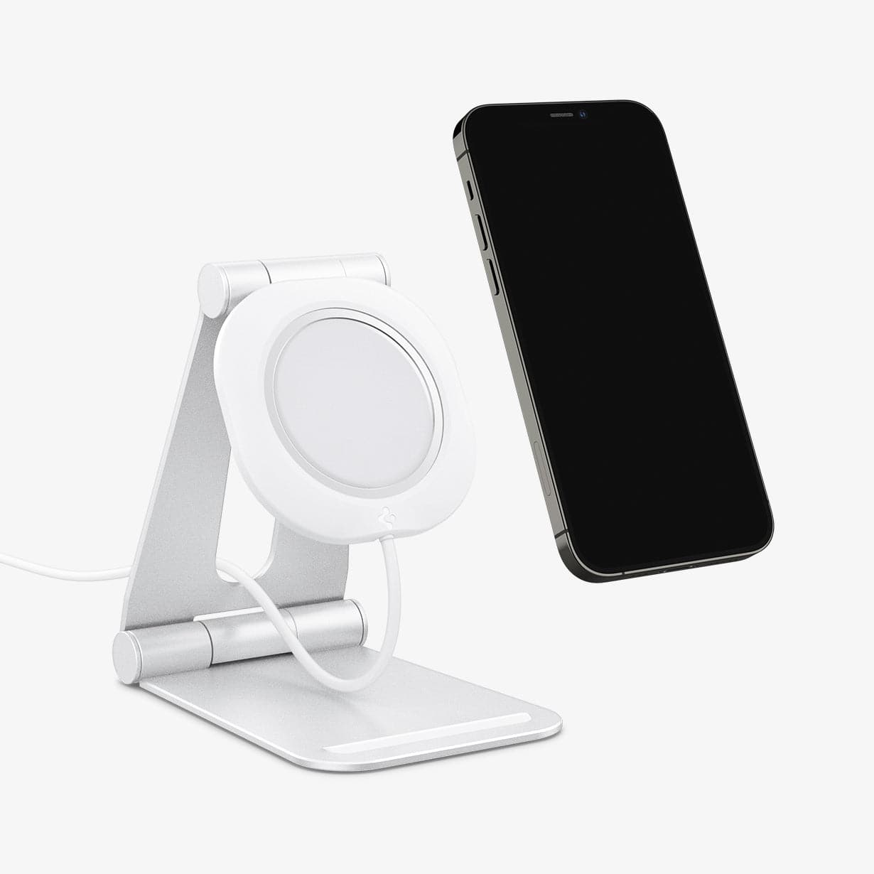 AMP02673 - MagFit Charger Stand (MagFit) in white showing the front, side, magsafe charger inserted and device hovering in front
