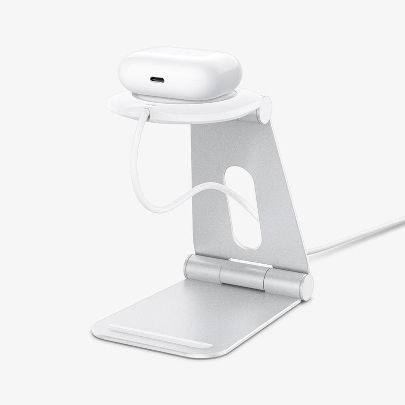 AMP02673 - MagFit Charger Stand (MagFit) in white showing the front with stand facing upward and charging airpods