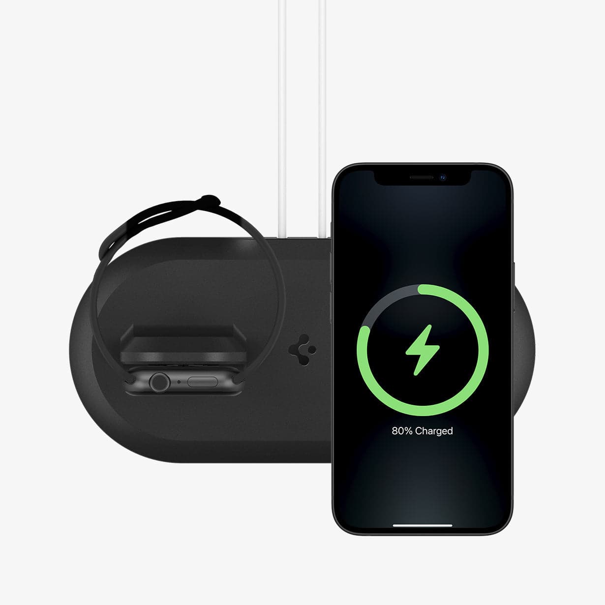 AMP02796 - Mag Fit Duo in black showing the top view with iPhone and Apple Watch charging