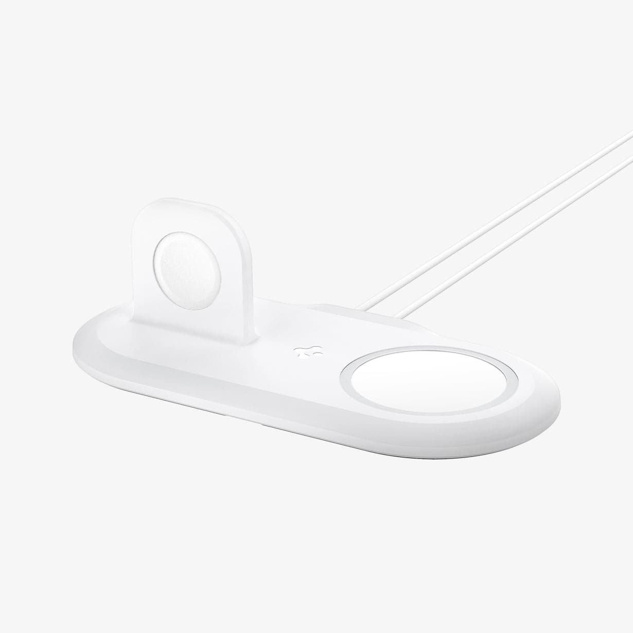 AMP02797 - Mag Fit Duo in white shown with MagSafe charger and Apple Watch charger placed in designated areas