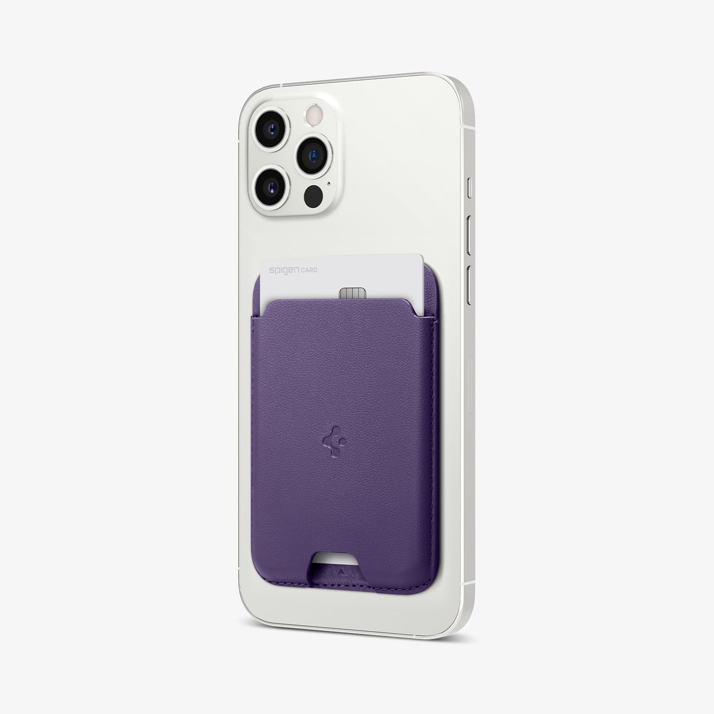 AFA06267 - MagSafe Card Holder Valentinus (MagFit) in purple showing the front and side with card in slot and wallet attached to back of device