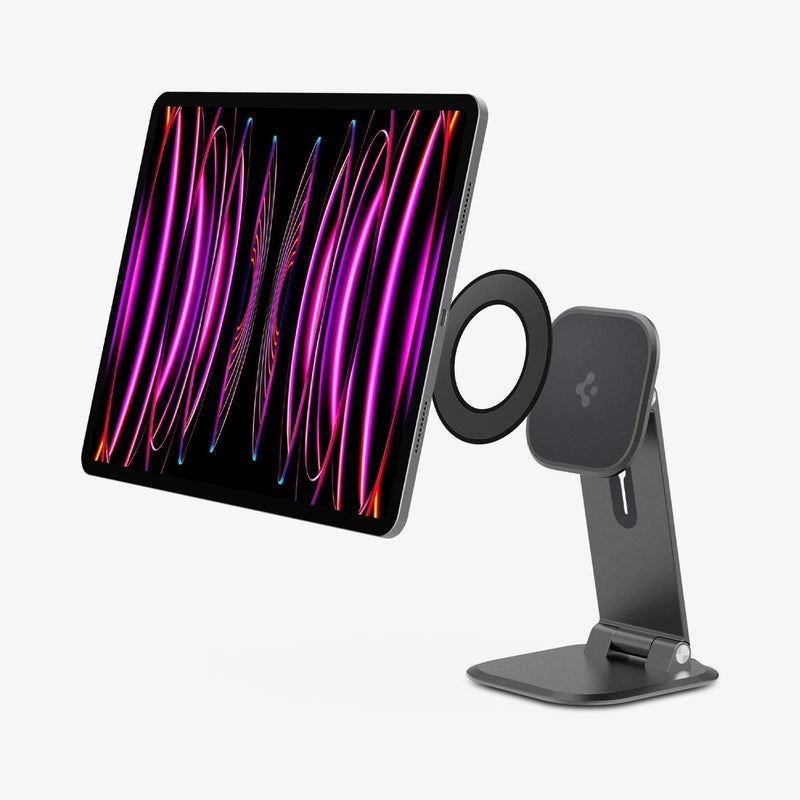 AMP06414 - OneTap Easel Magnetic Stand (MagFit) in black showing the ipad, magnetic ring and stand
