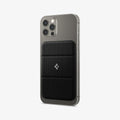 AMP02746 - MagSafe Card Holder Smart Fold Wallet (MagFit) in black showing the front and side with wallet attached to back of device