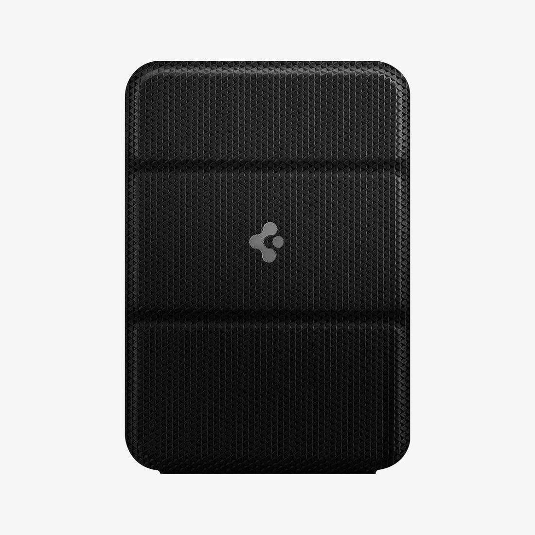 AMP02766 - MagSafe Card Holder Smart Fold Wallet (MagFit) in gunmetal showing the wallet attached to back of device