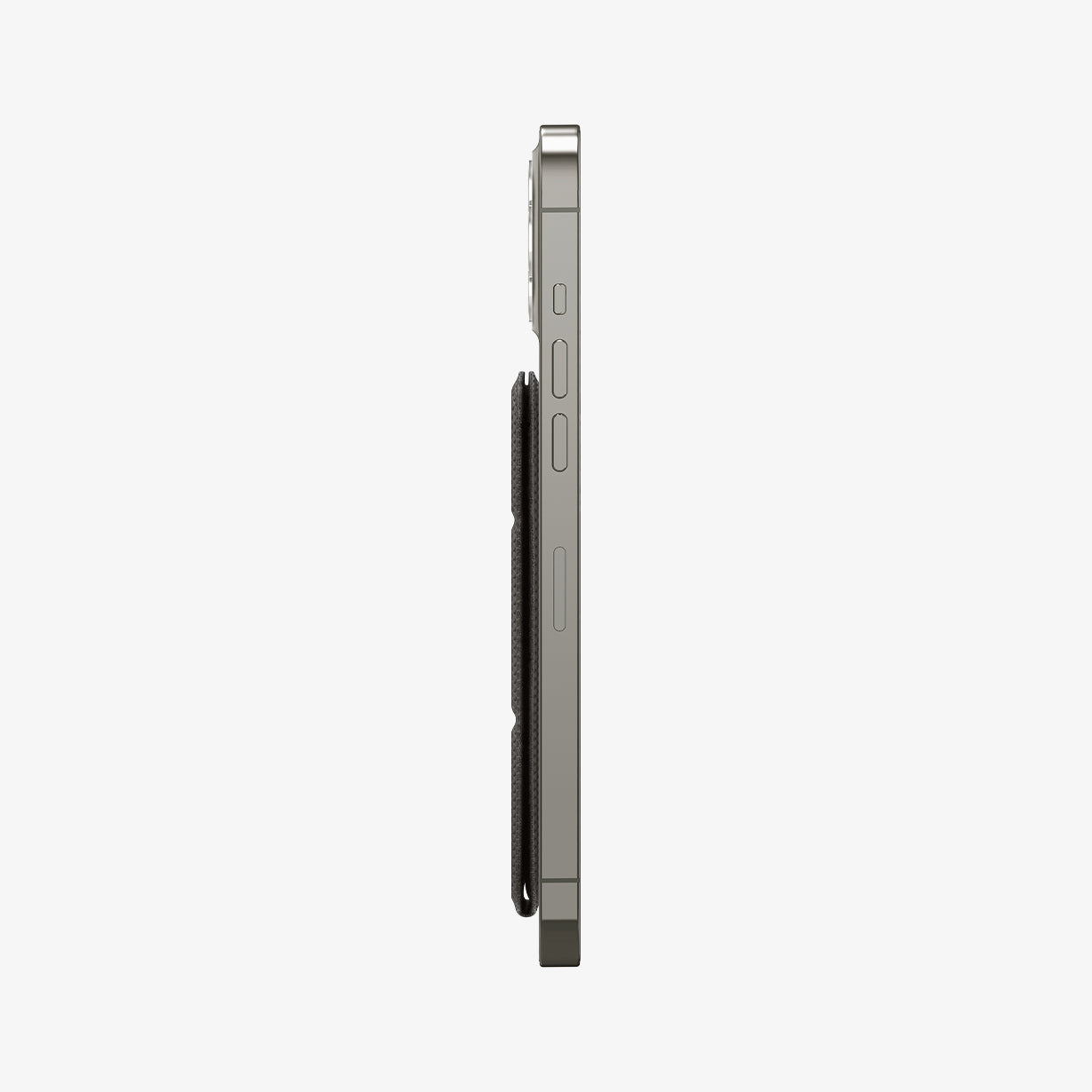 AMP02766 - MagSafe Card Holder Smart Fold Wallet (MagFit) in gunmetal showing the side attached to back of device