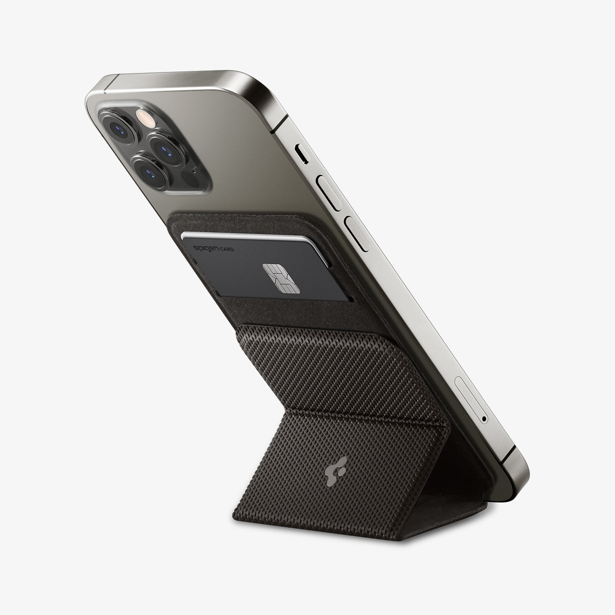 AMP02766 - MagSafe Card Holder Smart Fold Wallet (MagFit) in gunmetal showing the stand attached to device and propped up by built in stand