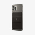AMP02766 - MagSafe Card Holder Smart Fold Wallet (MagFit) in gunmetal showing the front and side attached to back of device
