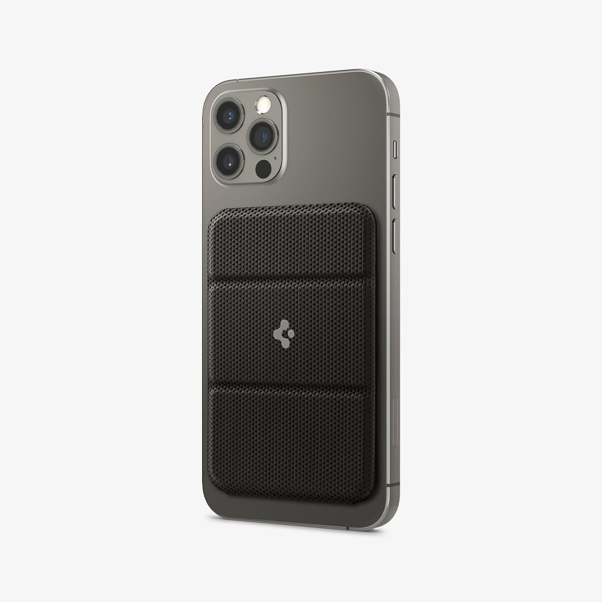 AMP02766 - MagSafe Card Holder Smart Fold Wallet (MagFit) in gunmetal showing the front and side attached to back of device