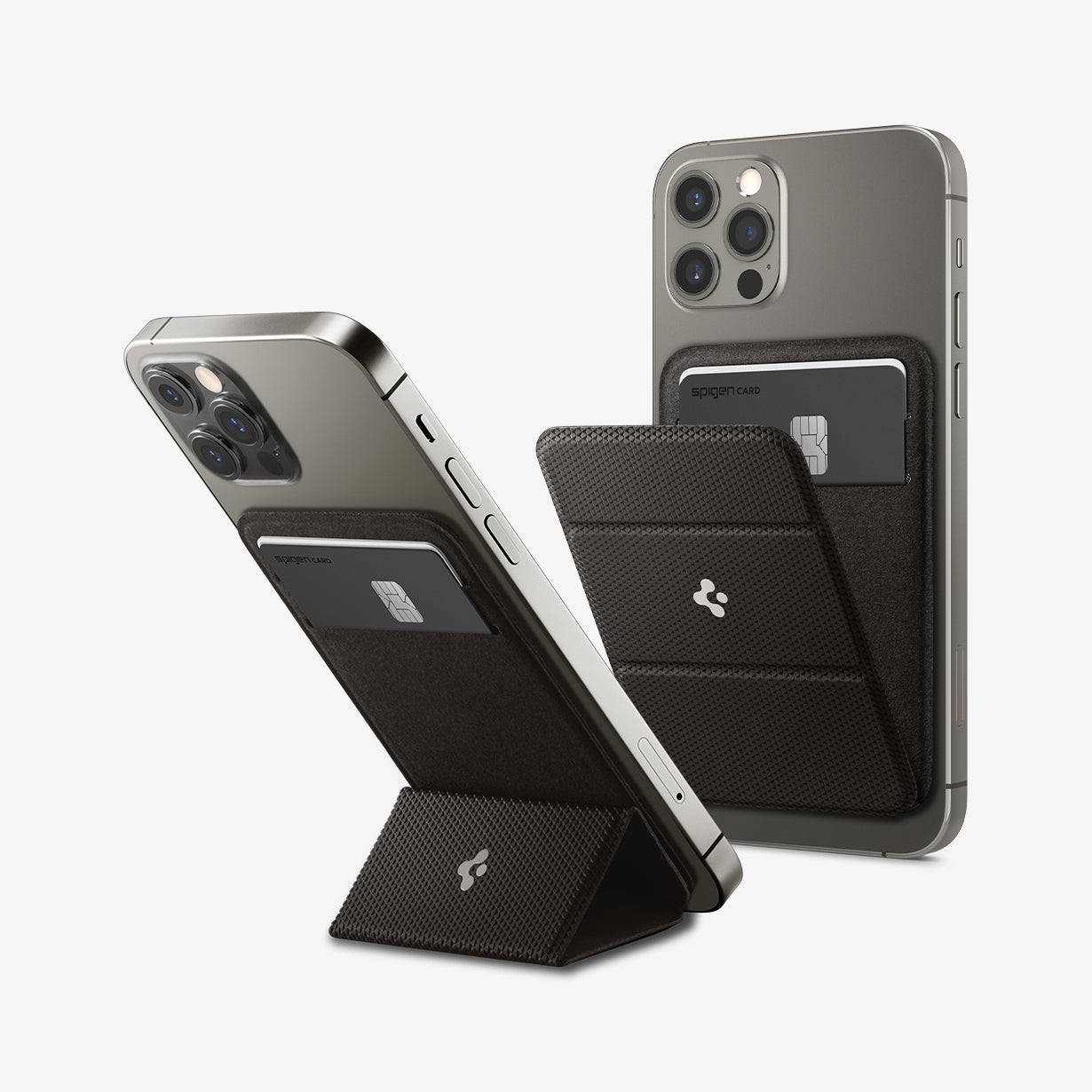 AMP02766 - MagSafe Card Holder Smart Fold Wallet (MagFit) in gunmetal showing the wallet attached to back of device and propped up by built in stand