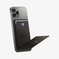 AMP02766 - MagSafe Card Holder Smart Fold Wallet (MagFit) in gunmetal showing the wallet attached to phone with stand extended out