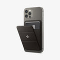 AMP02766 - MagSafe Card Holder Smart Fold Wallet (MagFit) in gunmetal showing the wallet attached to back of device and stand slight open