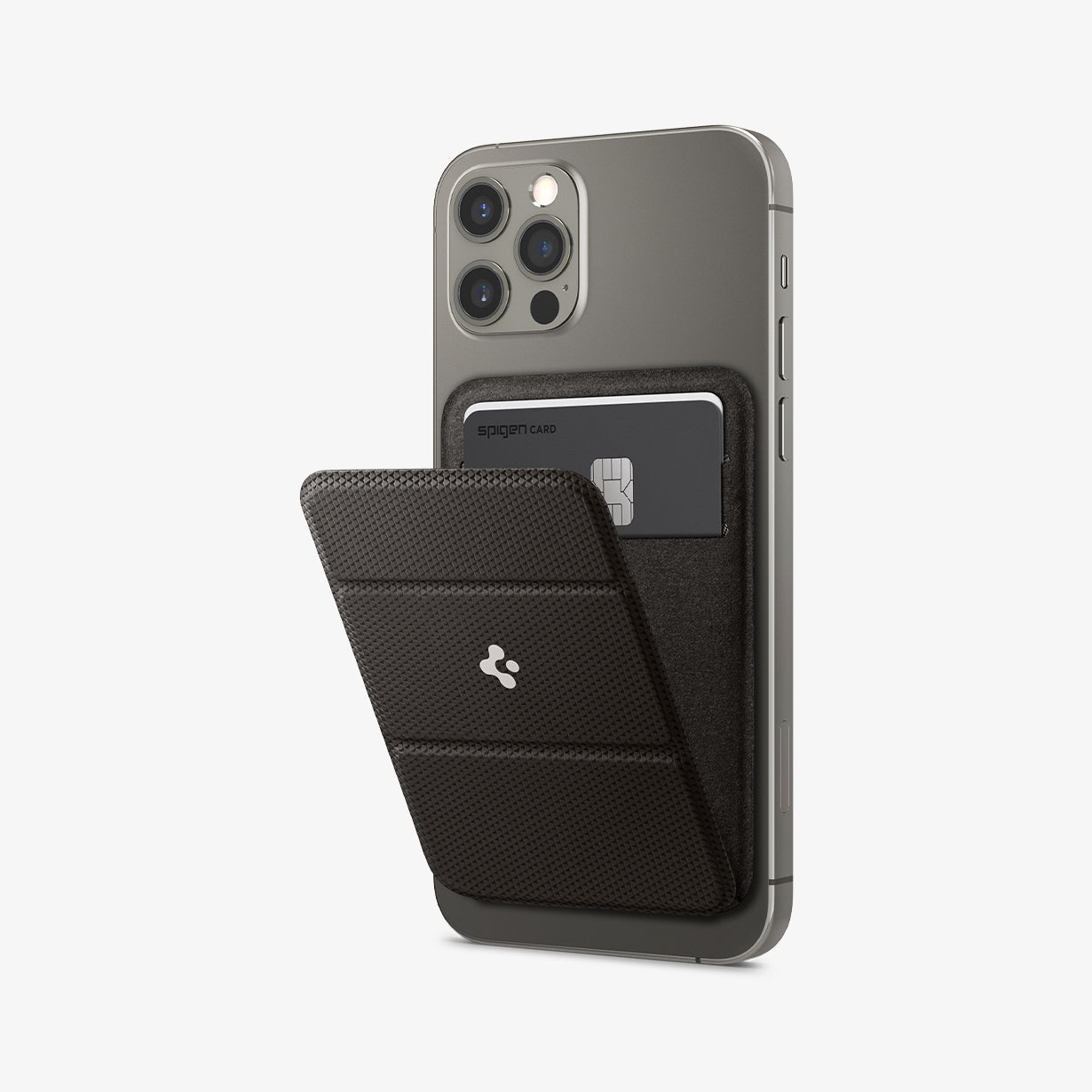 AMP02766 - MagSafe Card Holder Smart Fold Wallet (MagFit) in gunmetal showing the wallet attached to back of device and stand slight open