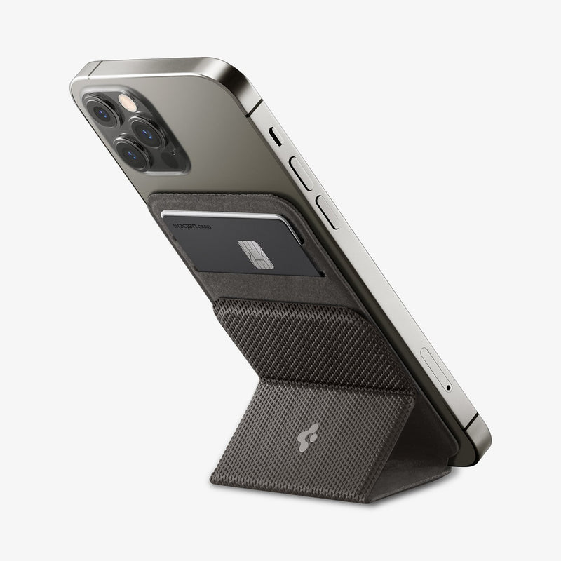 AMP02835 - Universal Card Holder Smart Fold in gunmetal showing the card holder propping up a device by built in kickstand with card in slot