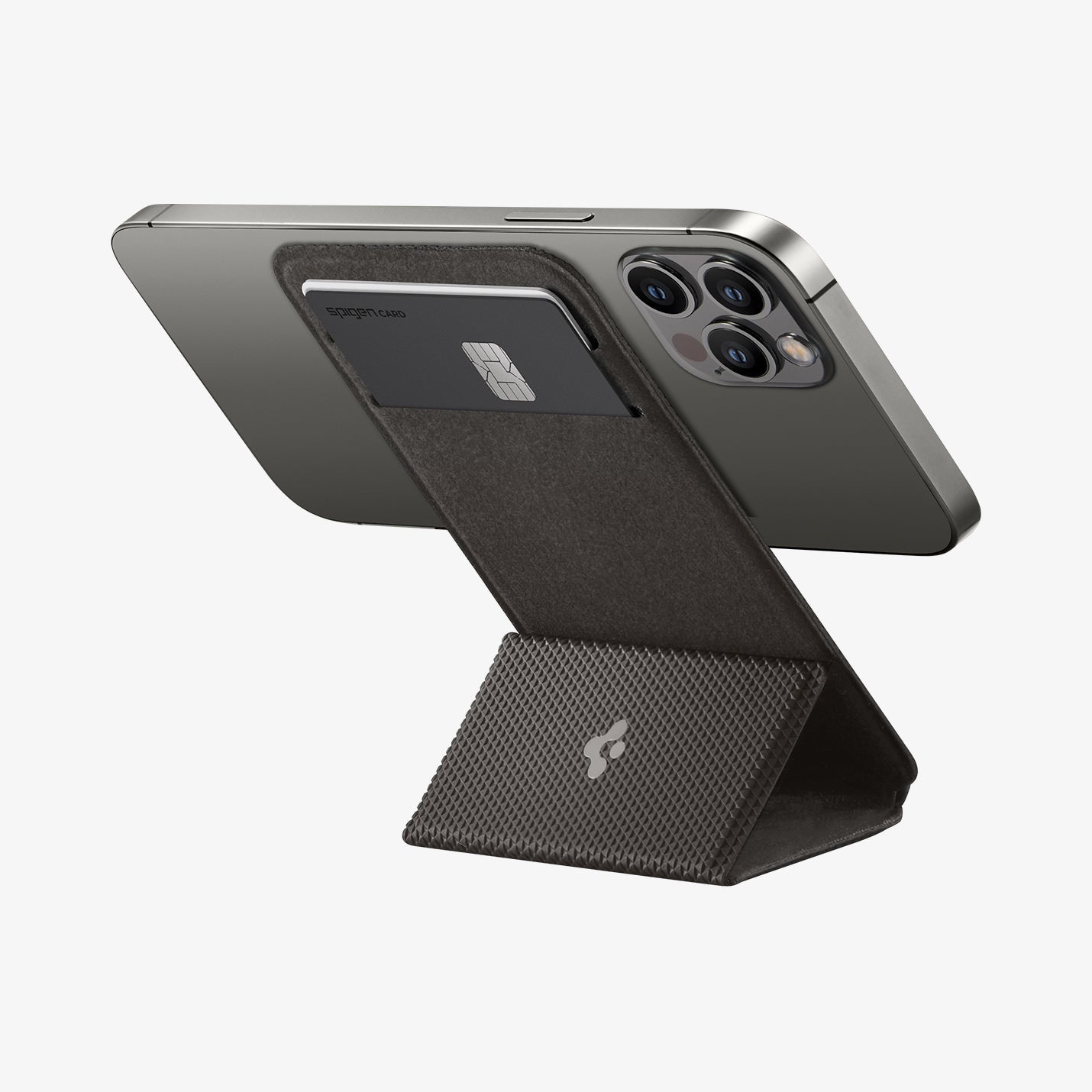 AMP02835 - Universal Card Holder Smart Fold in gunmetal showing the back with device attached horizontally and propped up by built in kickstand