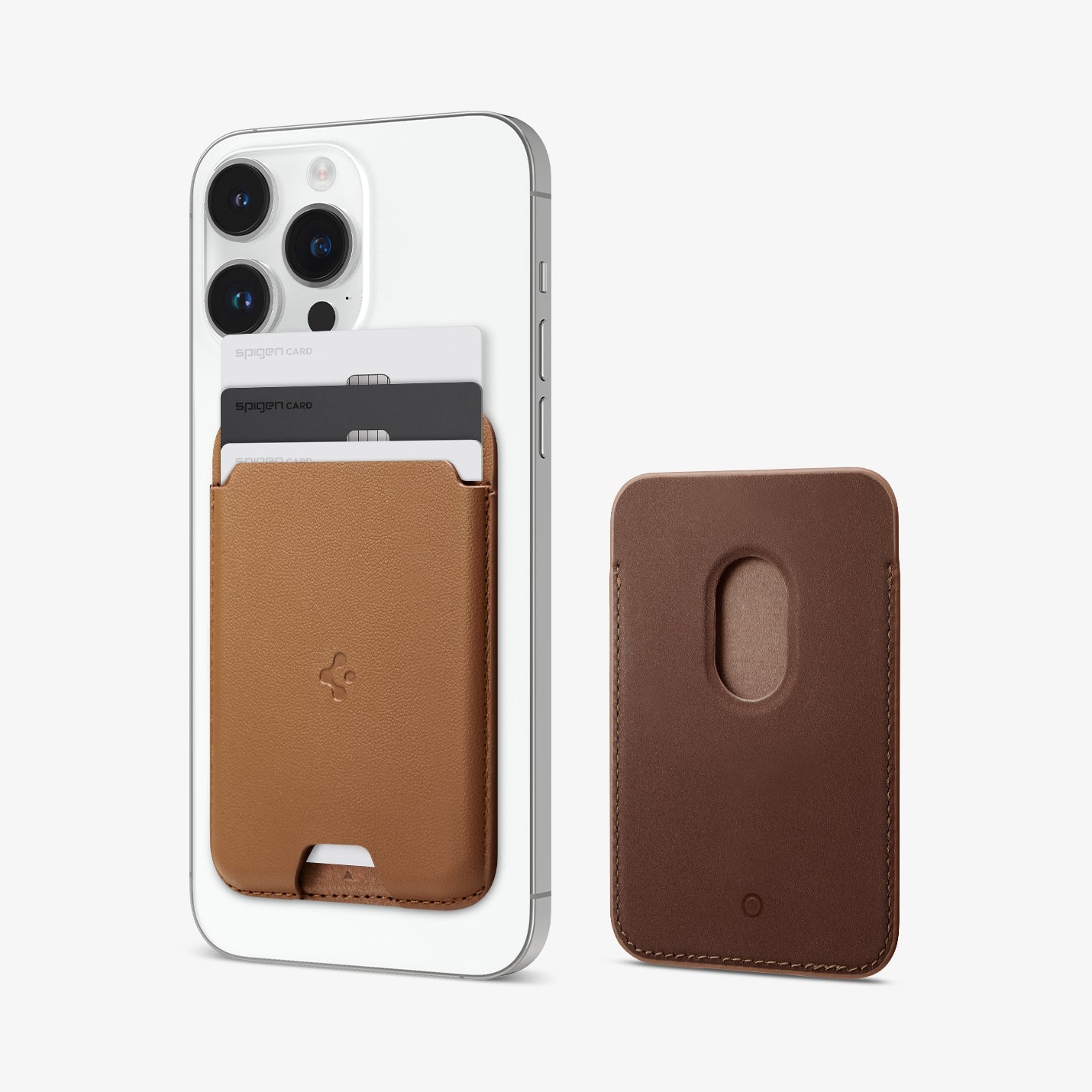 AFA05804 - MagSafe 3 Cards Holder Valentinus (MagFit) in brown showing the front attached to the back of phone and the back of card holder
