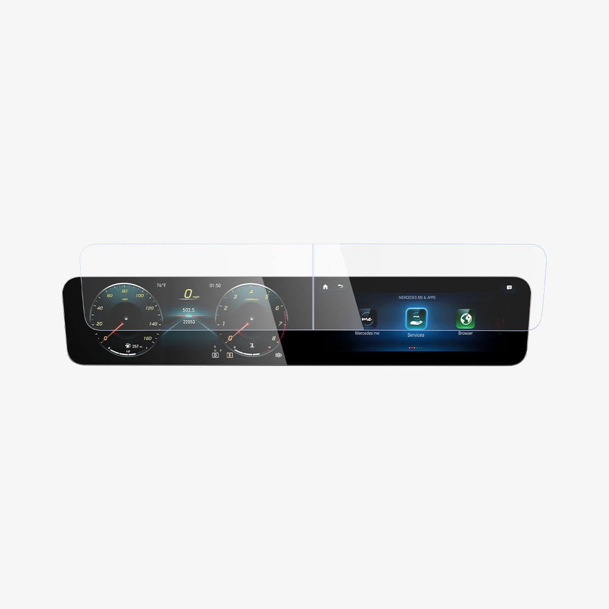 AGL03630 - Mercedes A-Class Screen Protector EZ FIT GLAS.tR Anti-Glare showing the front with screen protector hovering in front of display