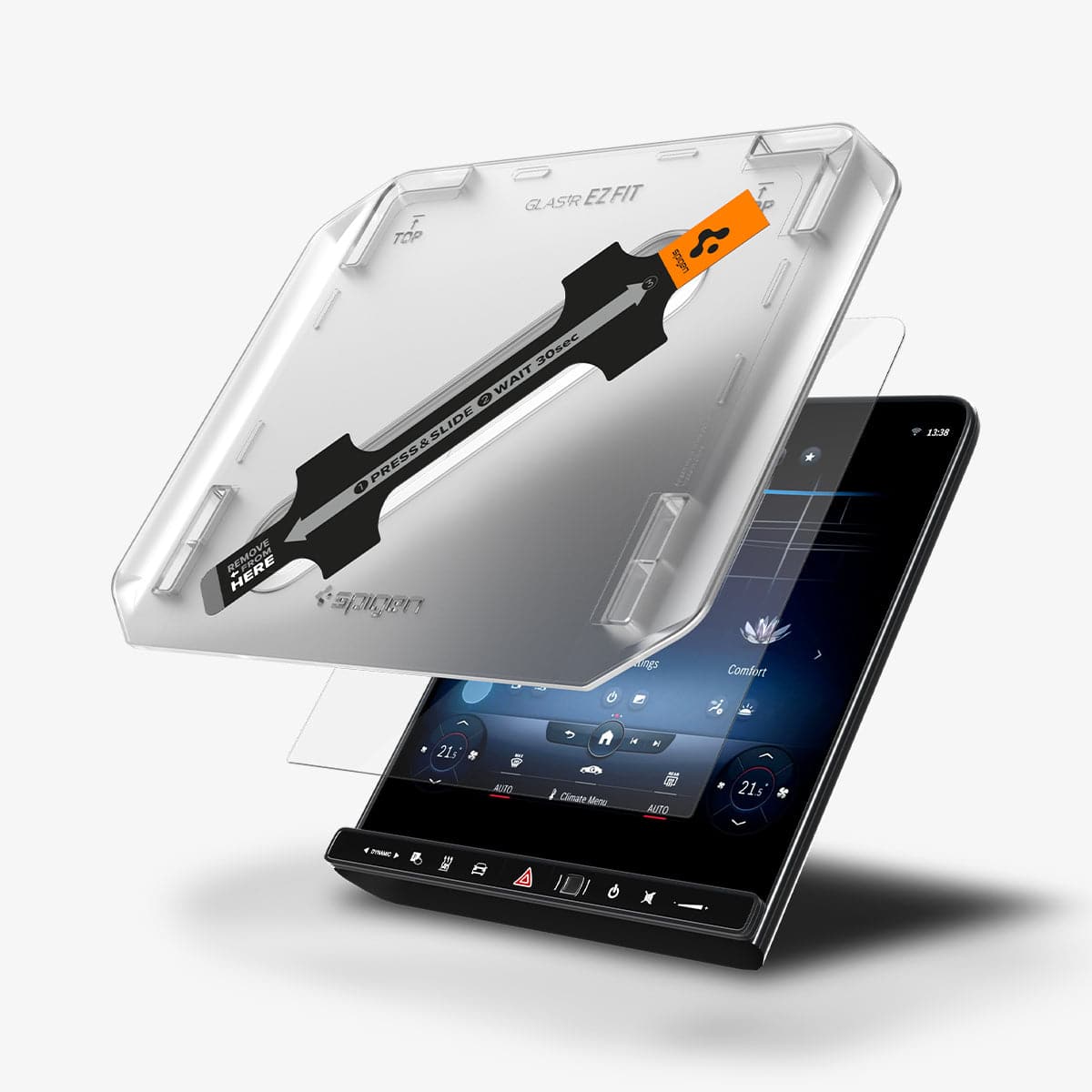 AGL04366 - Mercedes C-Class Screen Protector EZ FIT GLAS.tR Anti-Glare showing the ez fit tray and screen protector hovering in front of touch screen display
