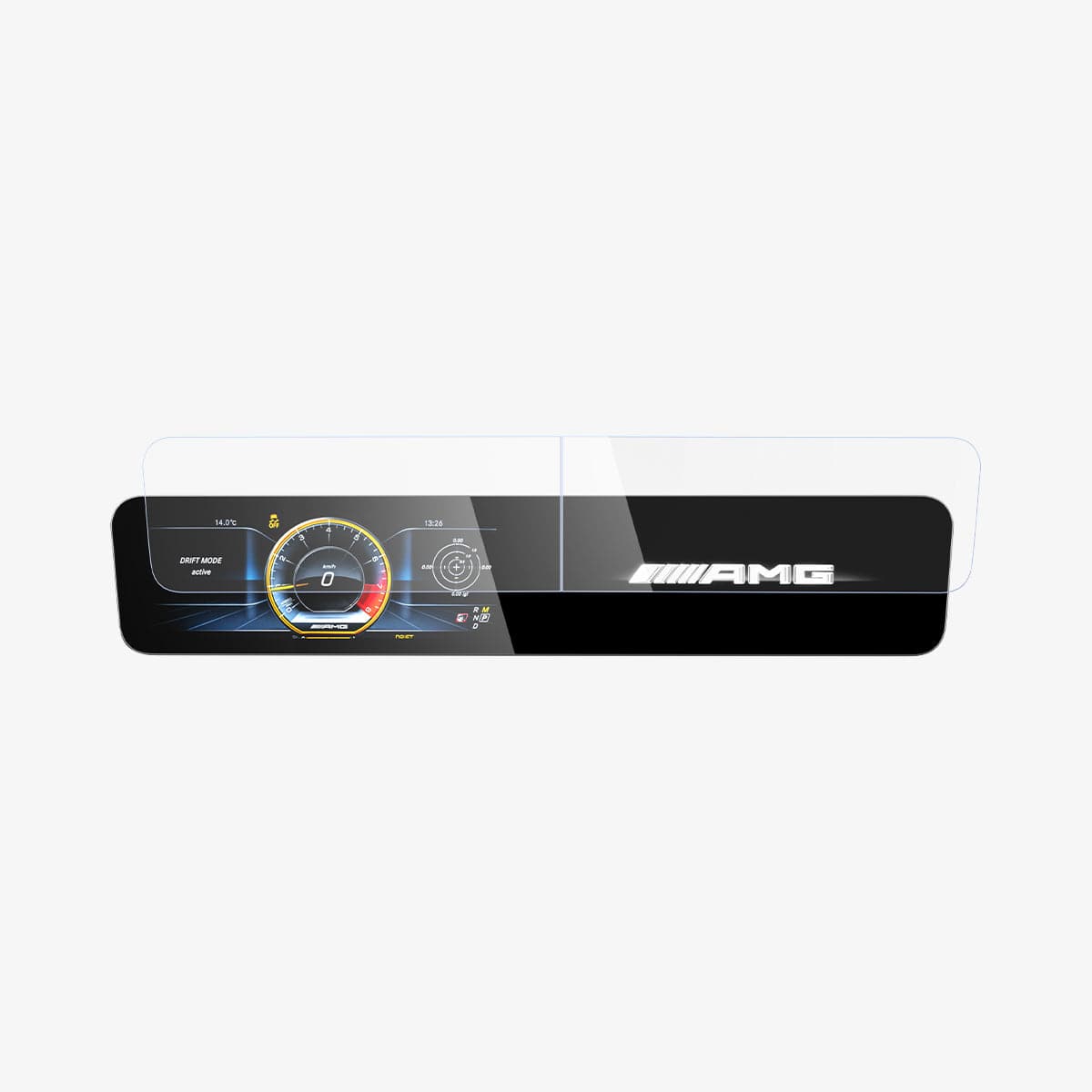 AGL03150 - Mercedes E-Class Screen Protector EZ FIT GLAS.tR showing the front with screen protector hovering in front of touch screen display