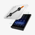 AGL03148 - Mercedes S-Class Screen Protector EZ FIT GLAS.tR showing the ez fit tray and screen protector hovering in front of touch screen display