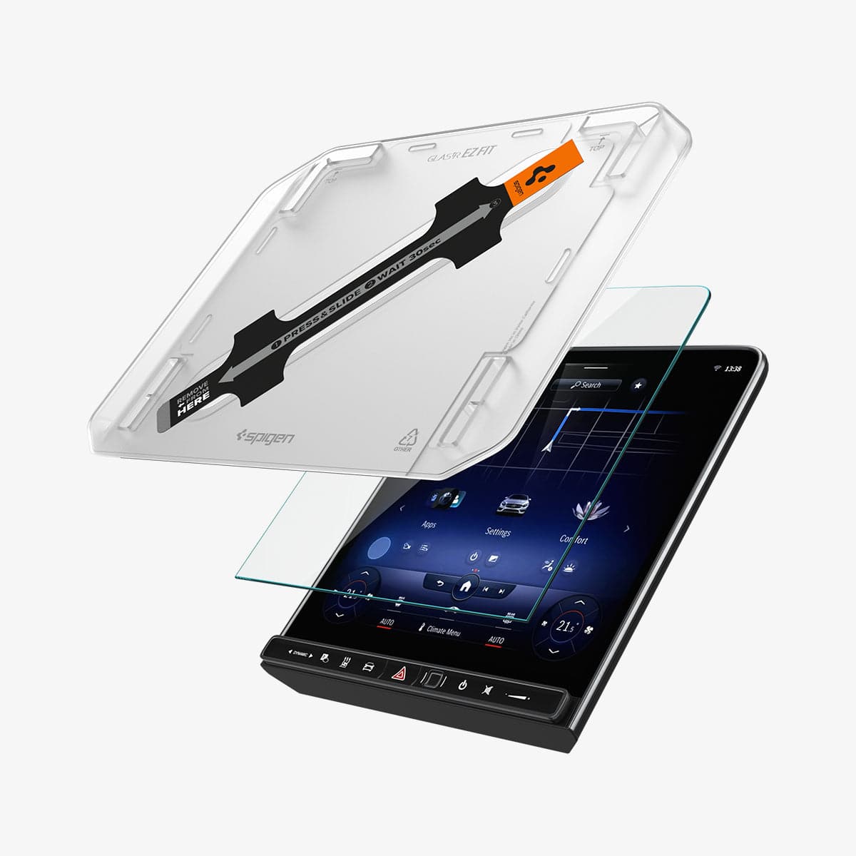 AGL03148 - Mercedes S-Class Screen Protector EZ FIT GLAS.tR showing the ez fit tray and screen protector hovering in front of touch screen display